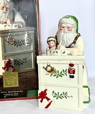 Vintage LENOX Santa Cookie Jar W Box MINT Santas Workbench Porcelain Christmas