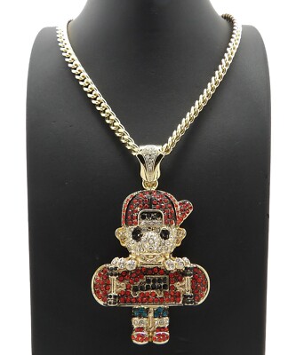 NEW ICE BLING CARTOON PENDANT WITH 6mm 30'' CUBAN CHAIN GOLD PLATED