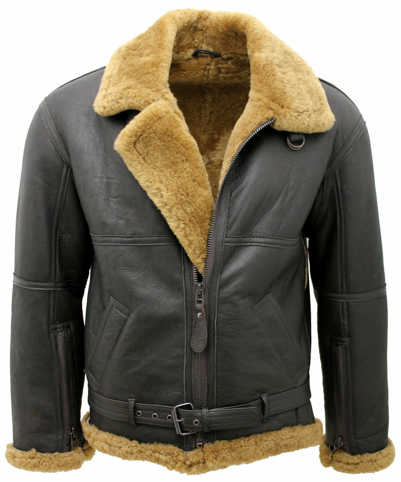 Pre-owned Infinity Men's Brown Raf Real Shearling Sheepskin Flying Leather Jacket With Ginger Fur