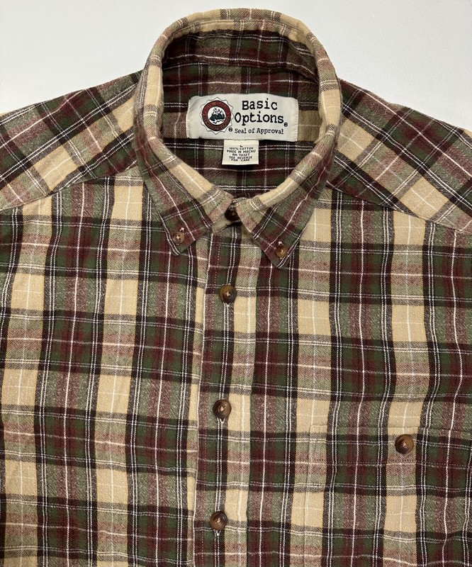 Vintage 90s Basic Options Flannel Shirt Mens Large L Beige Plaid Hipster Grunge