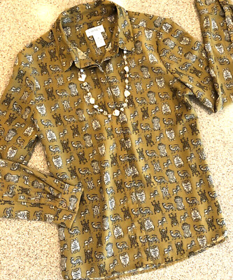 CARMEN MARC VALVO Gold Asian Inspired Tiger Print Covered Button Blouse Sz M
