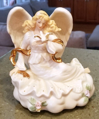 MUSICAL FIGURINE~7''~PORCELAIN~ANGEL HOLDING DOVE~GOLD ACCENTS~AVA MARIA