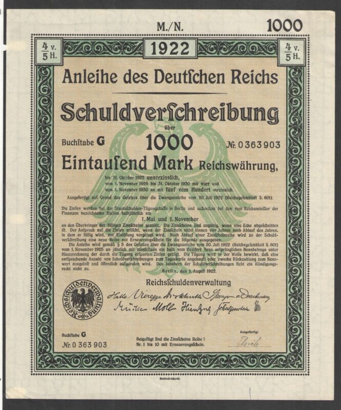 1922 German 2 Different 1000 Mark Bonds Coupons { Beautiful }{ Great 4 Framing }