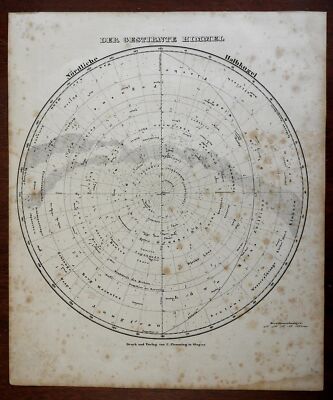 Northern Night Sky Star Map Constellations Zodiac North Star 1849 Flemming map