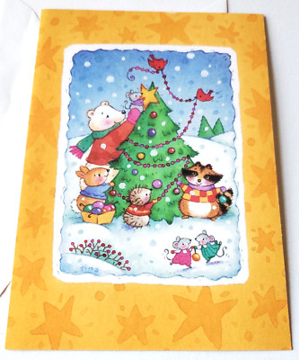 Christmas Card Cute Critters Decorating Tree Bunny Raccoon Red Birds Polar Bear