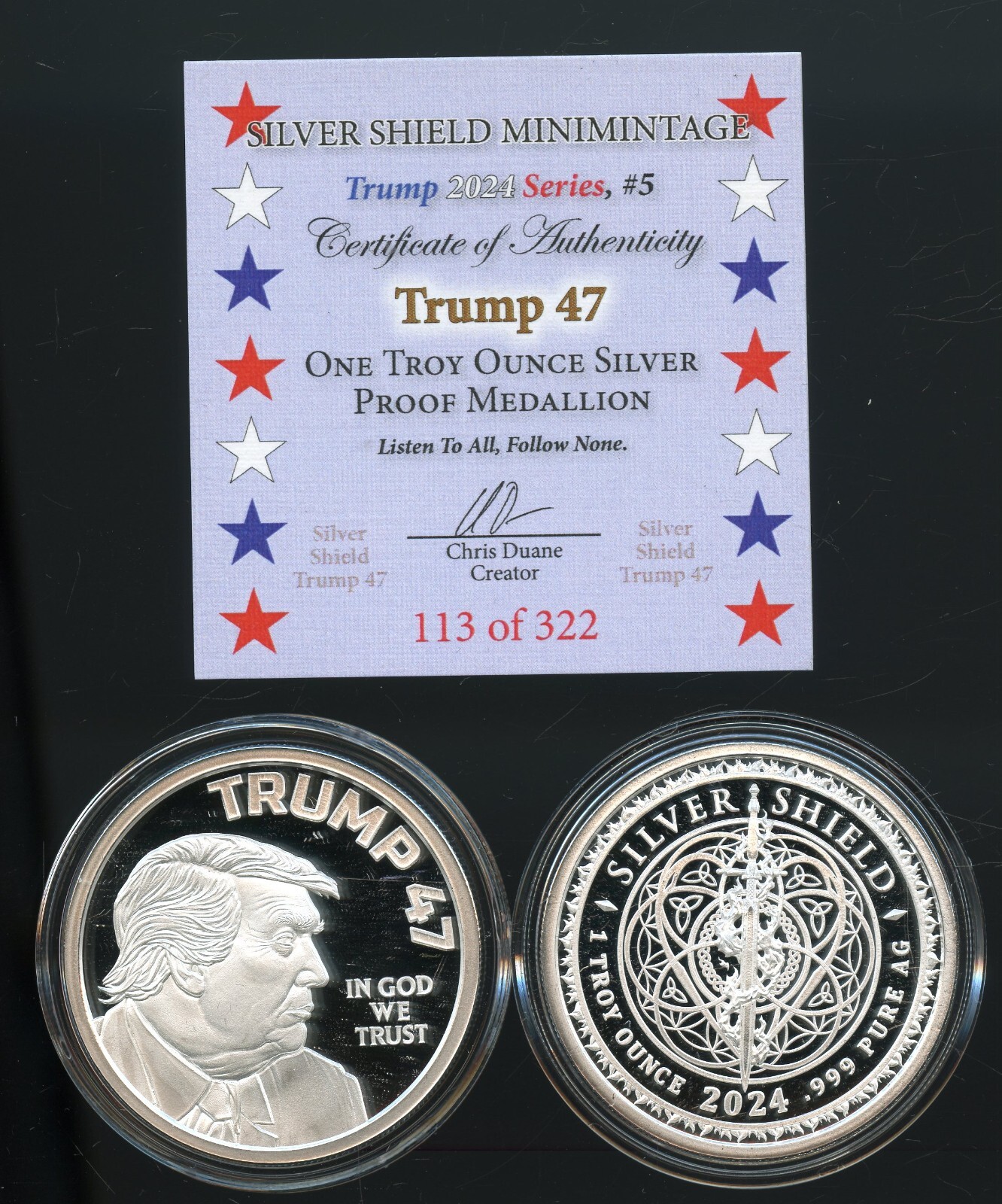 2024 TRUMP 47 Silver Shield 113 of 322 Mini Mintage 1 oz 999