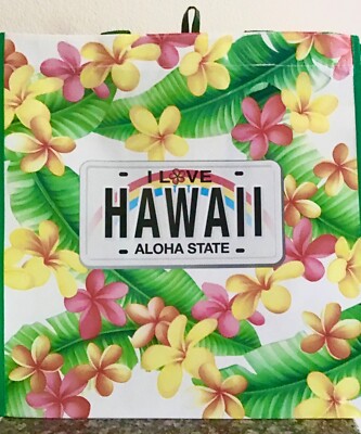 HAWAIIAN PLUMERIA WHITE  LICENSE PLATE REUSABLE SHOPPING BAG  BEACH BAG