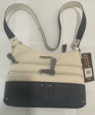 Stone Mountain Leather Shoulder Bag Purse Two-Tone Beige Tan Navy Blue