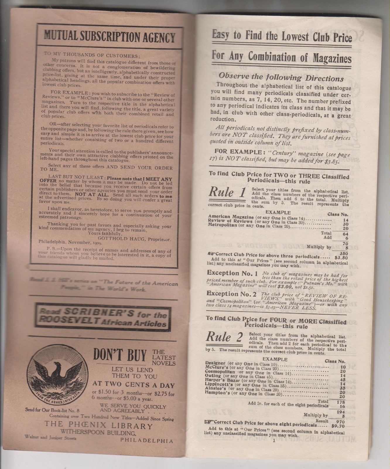 1909 BOOKLET - THE MUTUAL SUBSCRIPTION AGENCY'S WHOLESALE PRICE LIST