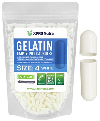Size 4 White Empty Gelatin Pill Capsules Kosher Gel Caps Gluten-Free USA Made 