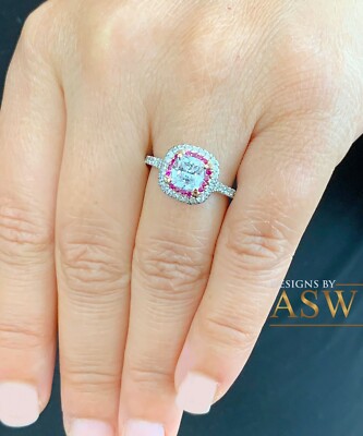 Pre-owned Asw 14k Solid White Gold Cushion Moissanite And Natural Diamonds And Ruby Ring 2.20