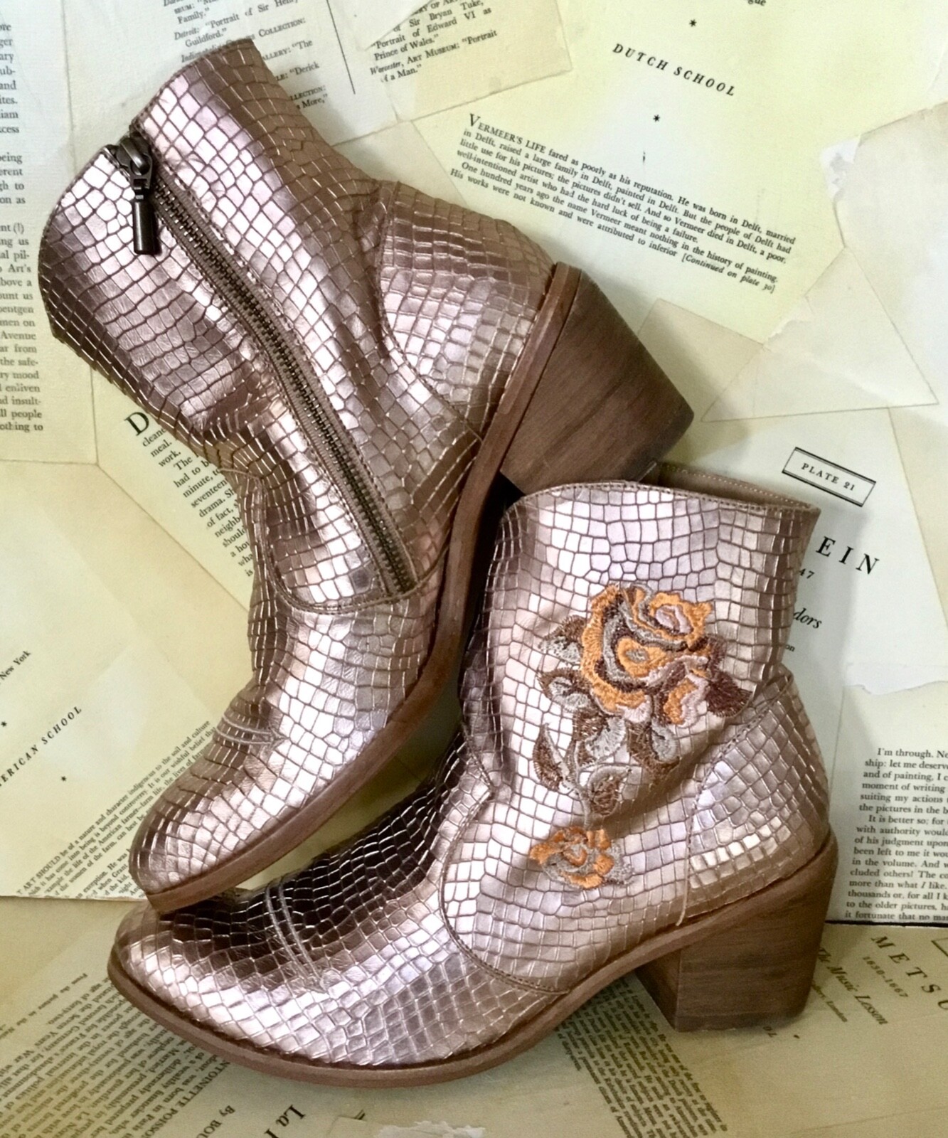 

Free People Marco Delli Evelina Бронзовые ботильоны с металлической вышивкой 39/9 НОВИНКА, Bronze metallic leather, Evelina