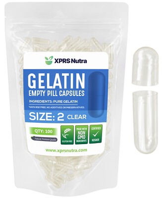 Size 2 Clear Empty Gelatin Pill Capsules Kosher Gel Caps Gluten-Free USA Made 