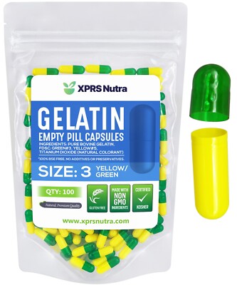 Size 3 Green & Yellow Empty Gelatin Pill Capsules Kosher Gel Caps Made in USA