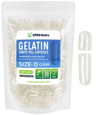 100 Empty Size #0 Clear Kosher Gelatin Capsules Pills Made in USA FRESH Gelcaps!