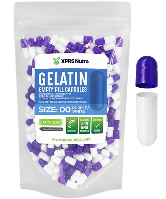 Size 00 Purple/White Empty Gelatin Pill Capsules Kosher Gel Gluten-Free USA Made