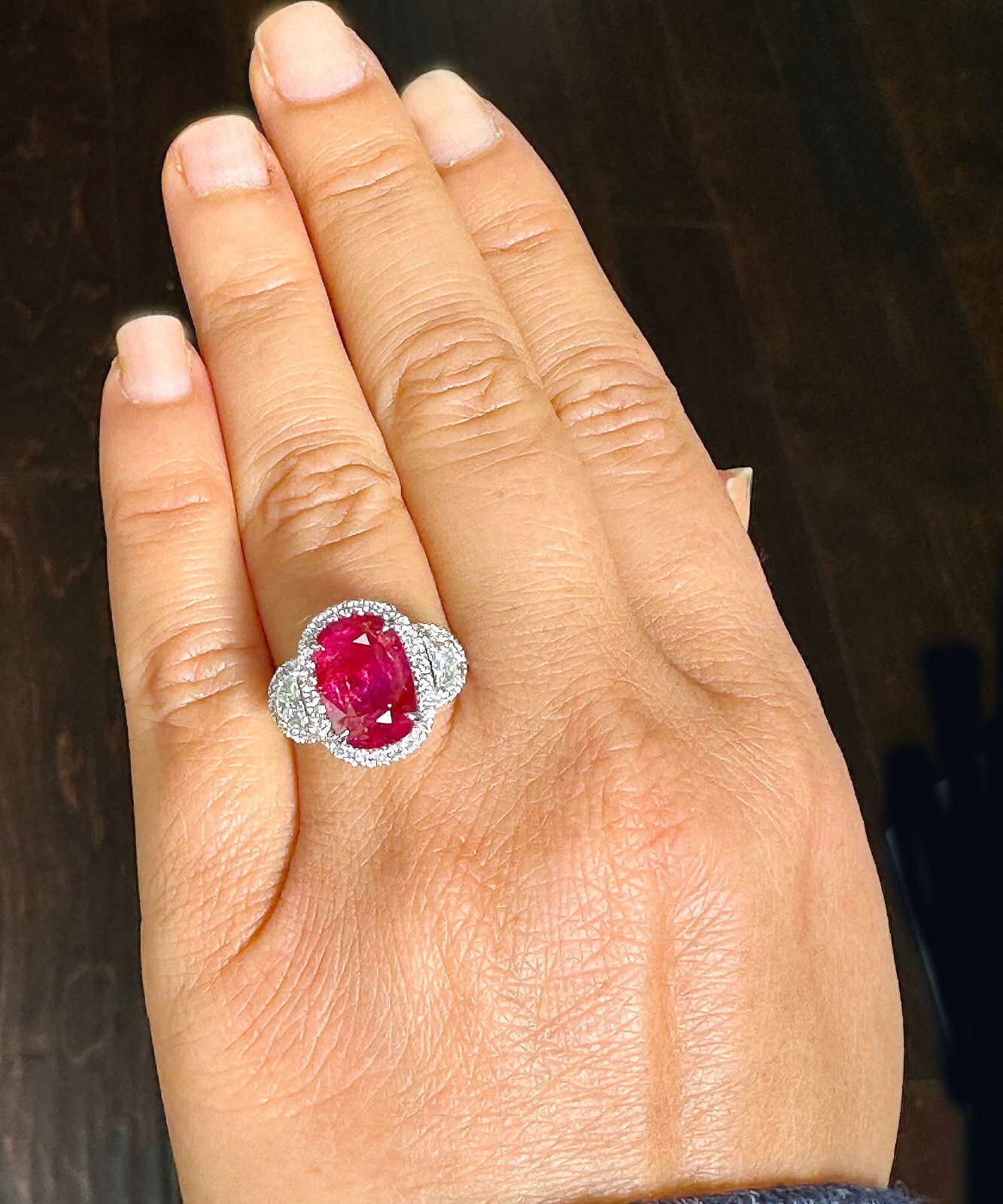 Pre-owned Ruby 14k White Gold Oval  And Diamonds Engagement Ring Deco Bridal Halo 5.00ct