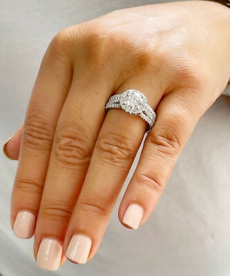 Pre-owned Halo 14k White Gold Round Simulated Diamond Engagement Ring  Triple Shank 2.50ct