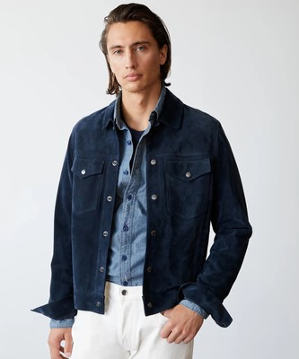 Mens Blue Pure Suede Leather Biker Trucker Jacket Custom Made Coat 