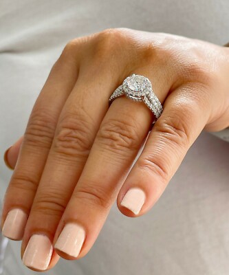 Pre-owned Halo 14k White Gold Round Simulated Diamond Engagement Ring  Triple Shank 2.50ct