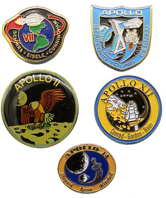 NASA PIN enamel LOT of 5 vtg APOLLO 7 / 10 / 11 / 12 / 14 Eisele Schirra Conrad 