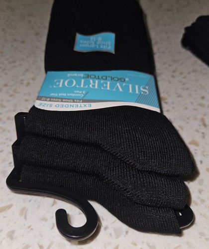 3 Pair SilverToe Comfort Cotton Roll Top Women's Socks Black Extended Size 8-13