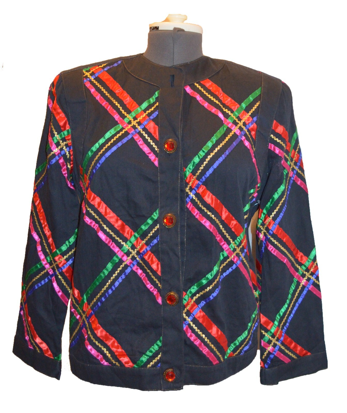 gamma Vintage 80s Multicolored Ribbon Black Boxy Button Down