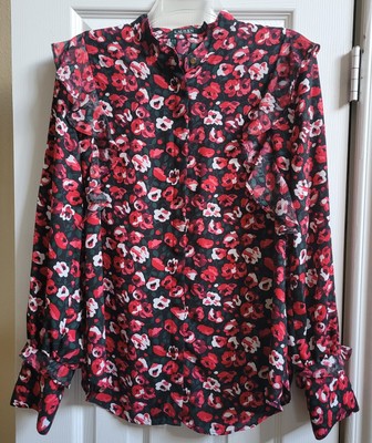 Ralph Lauren Womens Large Red Floral Blouse Top Button Up Long Sleeve Ruffle VGC