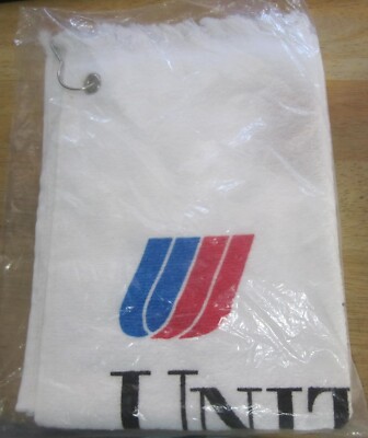 New Old Stock UNITED AIRLINES Golf Tennis Clip Towel White Terry Cloth Seald Bag