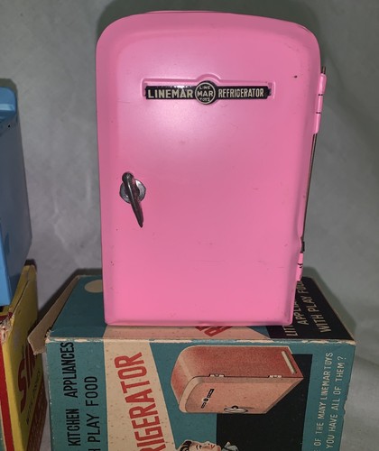 1950s Linemar Tin Litho 2pcs Little Miss Kitchen Pink Refrigerator + Sink Dishes