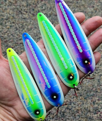 4pc Lot - UV Holo Super Glow Salmon Trolling Spoons Fisher Tackle moonshine
