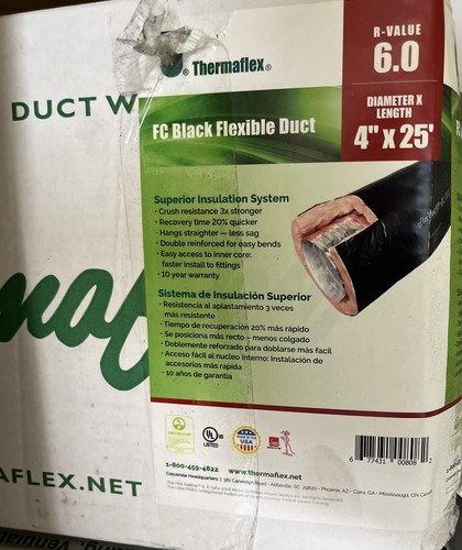 4” x 25’ Superior Insulated Flexible Round Duct Tube R6 Heating/Vent/AC, Black