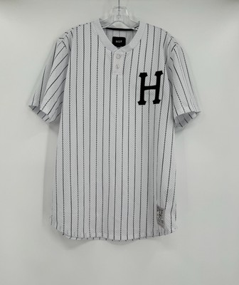 HUF Mens White Black Stripe Henley Logo Short Sleeve Jersey Shirt Sz M