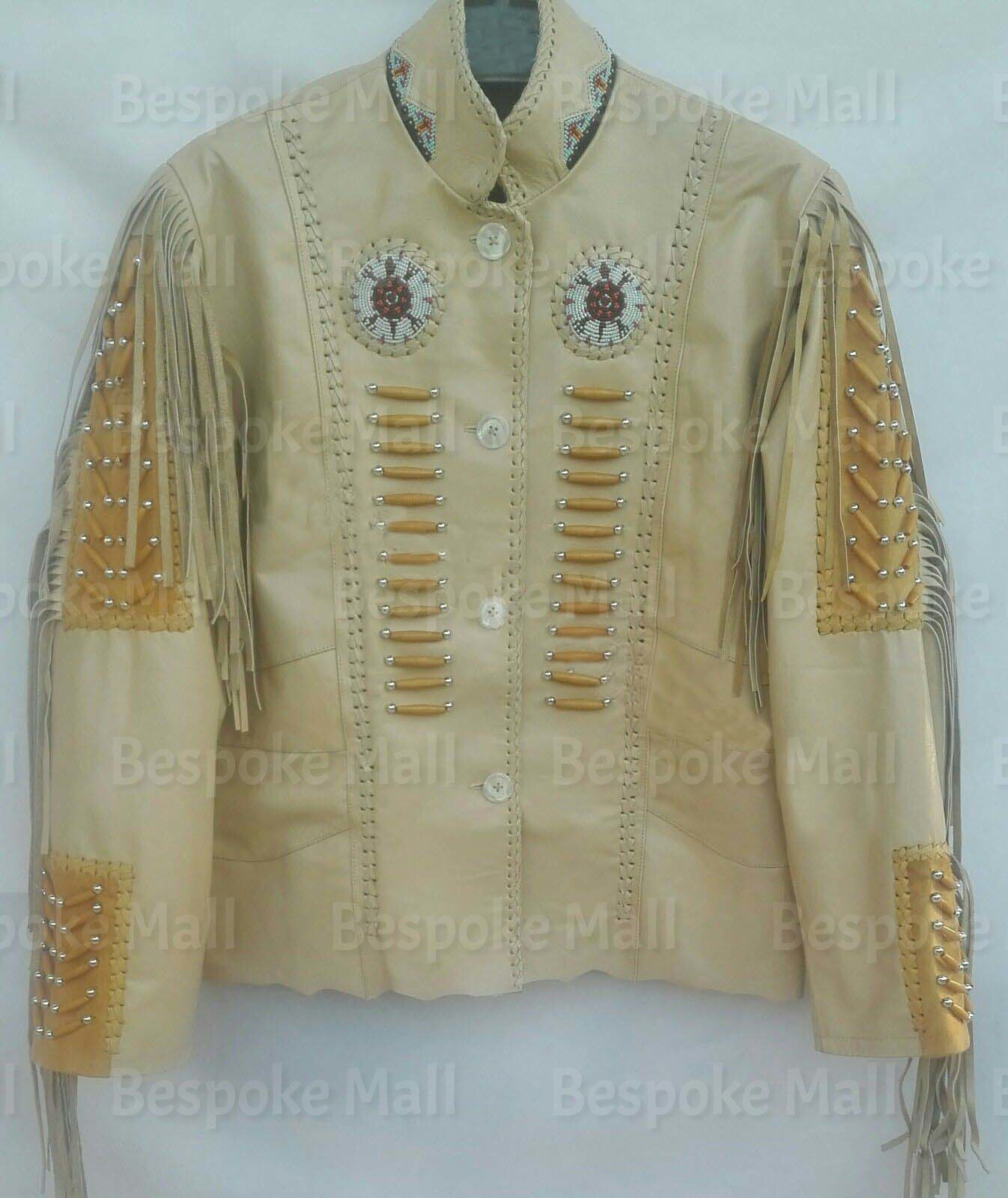 Pre-owned Handmade Men's Cream American Western Cowboy Leather Jacket Fringes Bone Beads-105 In White