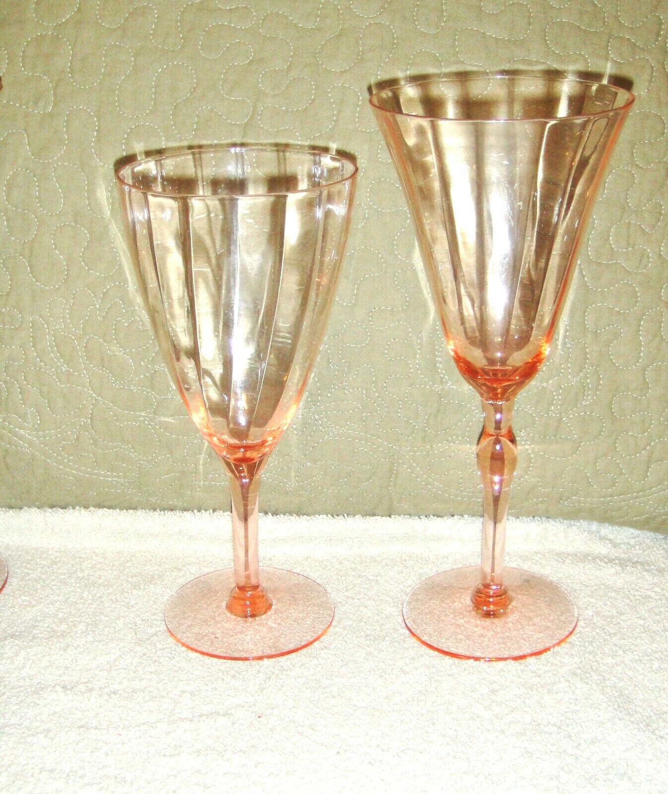 6 Vintage Pink Ribbed Depression Era Glasses ~ 3@ 7