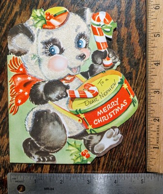 VINTAGE 1940's CHILDS CHRISTMAS CARD  FLOCKED**W/Env  *To A Dear NEPHEW**