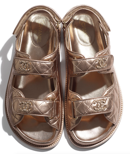 Pre-owned Chanel 21c Bronze Quilted Chain Cc Logo Mule Slide Strap Flat Teva Dad Sandal 35 In Gold
