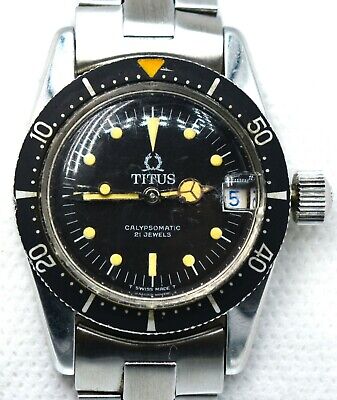 1960s Titus Calypsomatic Ref 7987 21Jwl Diver Running Big Crown 32mm Steel Watch