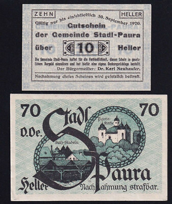 2x Österreich Austria Stadl-Paura: 10 + 70 Heller 1920 - Gemeindestempel