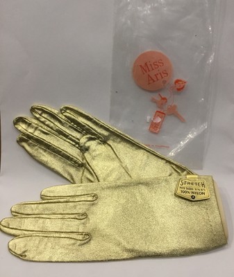 Vintage Miss Aris Stretch One Size-Fits-All Gold Gloves 2A-1342 Nylon Party Prom
