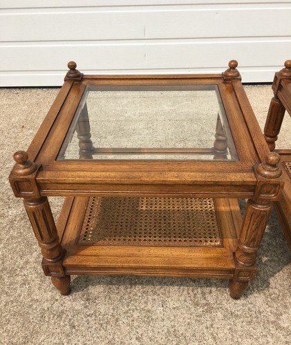 Pair Vintage Thomasville Side Tables Cane and Glass