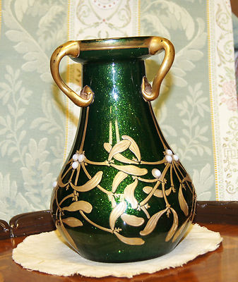 Art Nouveau French Green Glass Beaded Vase Three Handled Love Cup Circa 1900