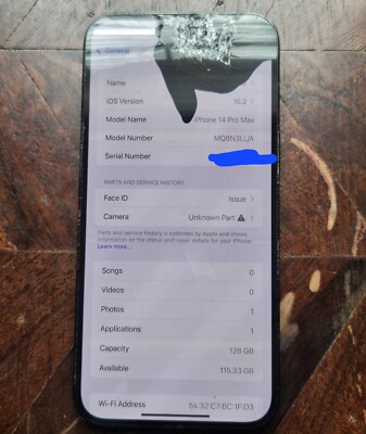 Apple iPhone 14 Pro Max - 128 GB - Black (Unlocked) Cracked Bad Fid And Camera 