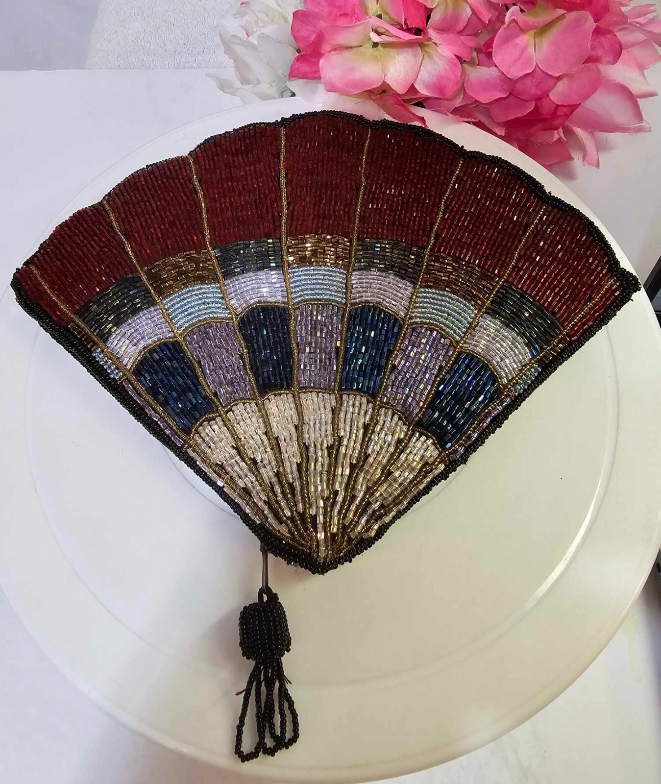 VTg Beaded & Sequin Bag Fan Shaped Purse Zipper- rare shaped