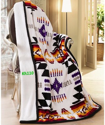 Navajo Print Throw Blanket Sherpa Southwest Native American Indian 50''x60''White