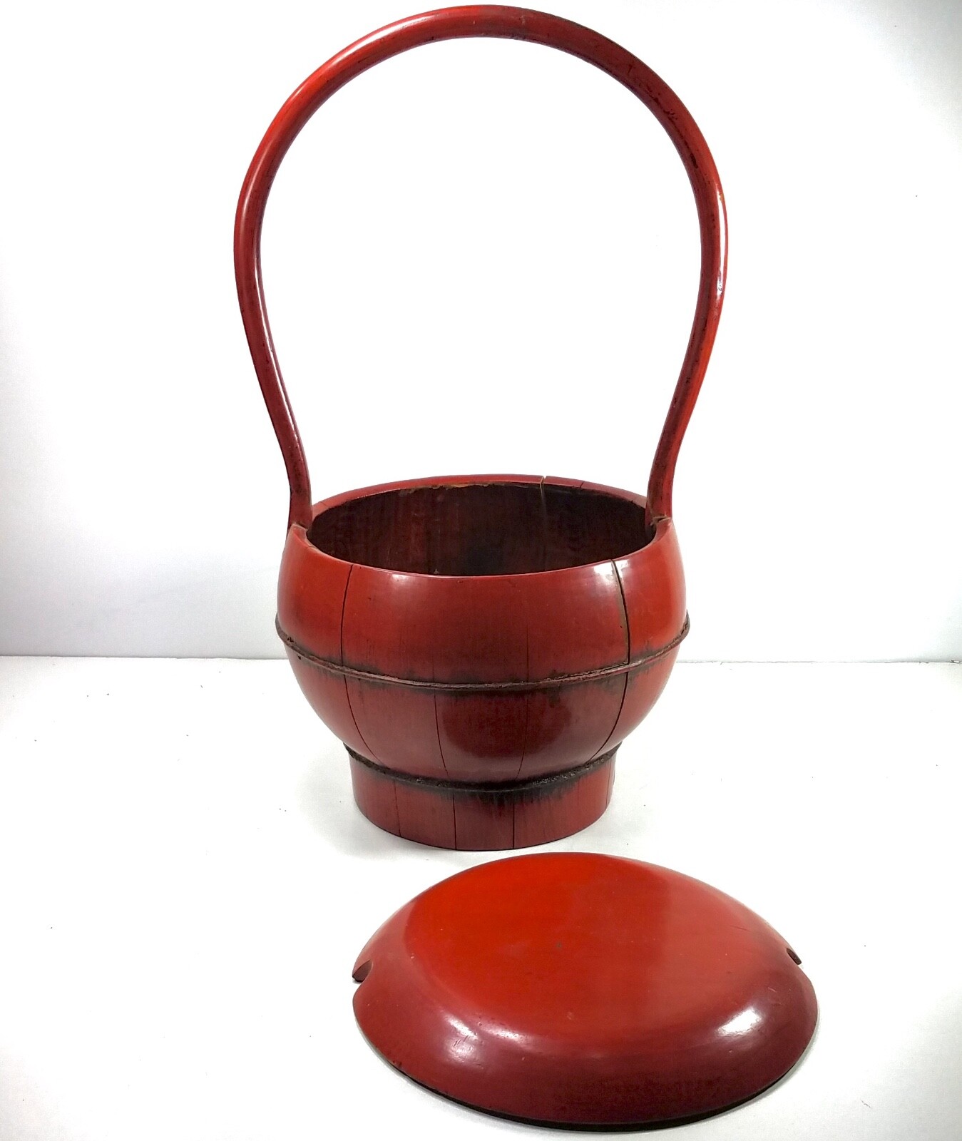 Antique Chinese Red Lacquer Wedding Basket Food Fruit Container Bucket Handle