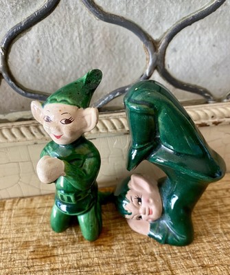 Vintage Set Of Two Ceramic Pixie Elf Hand Painted figurine crafted