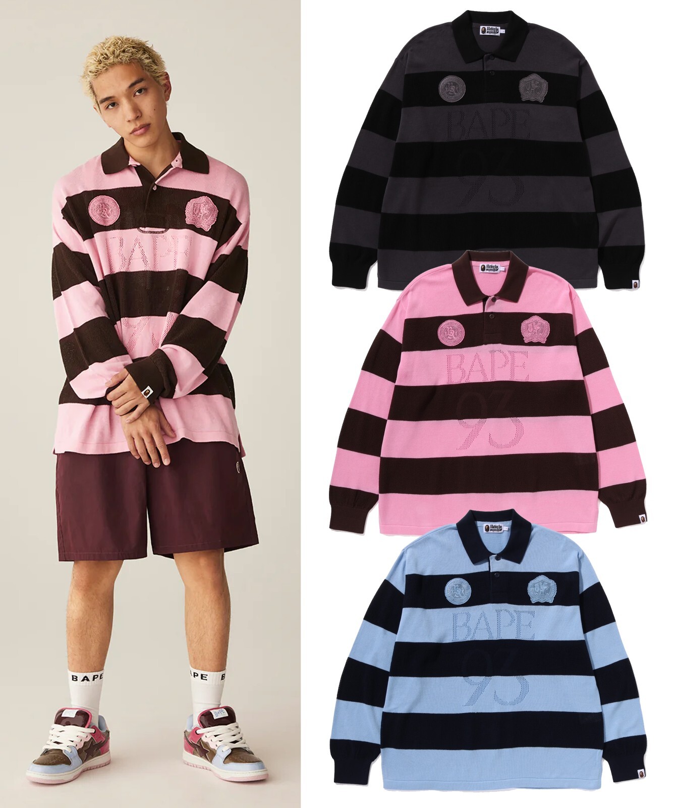 A BATHNIG APE Men's JACQUARD MULTI LOGO STRIPE RELAXED FIT L