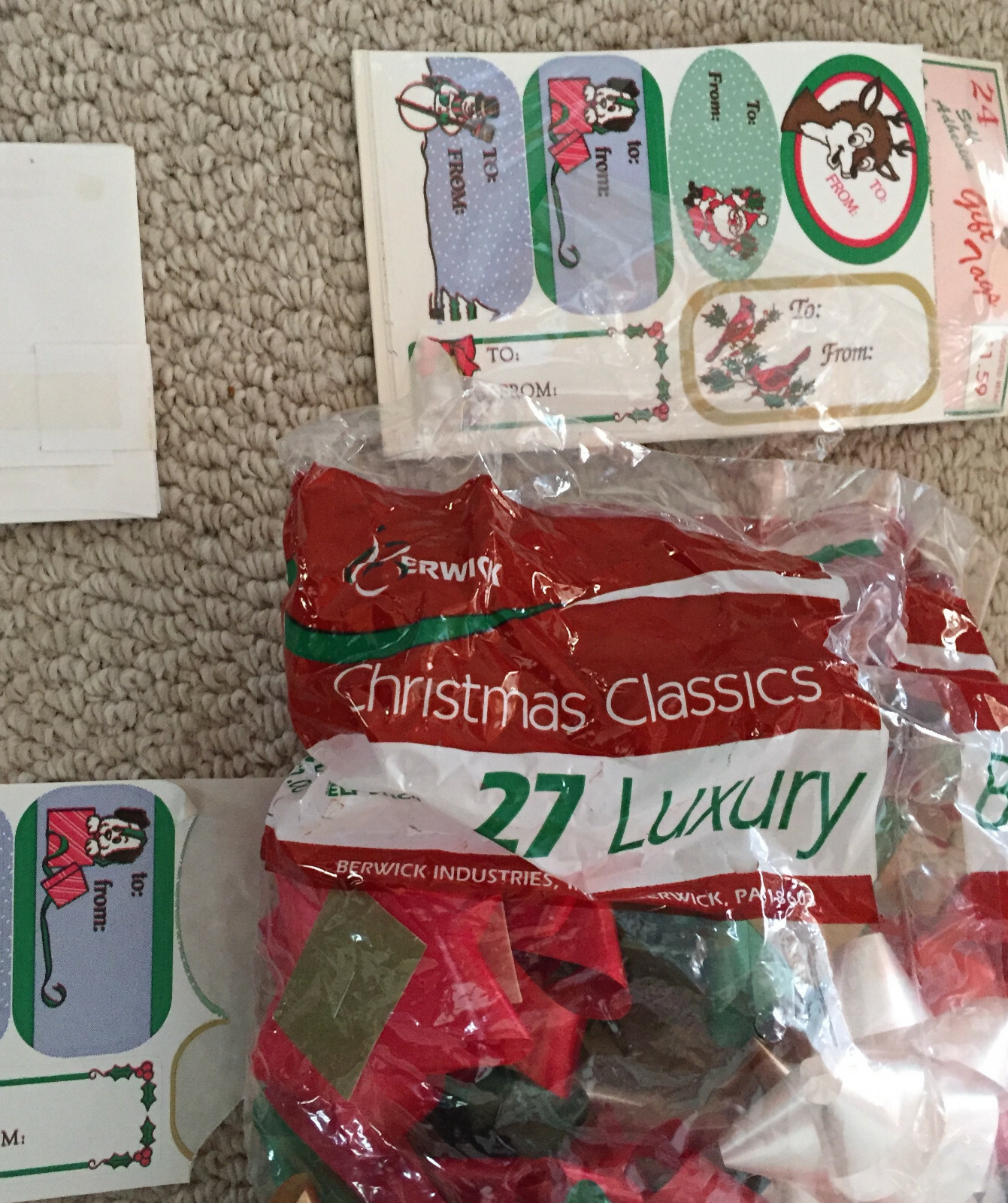 Gifts Christmas Bows 34, Gift Bags Wraps 3, Notes Envelopes, Ribbons 20 Feet Lot