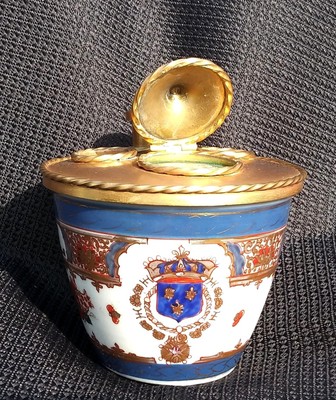 PARIS ANTIQUE PORCELAIN & GILT BRONZE FRENCH INKWELL AMORIAL BRUSH POT E. Samson